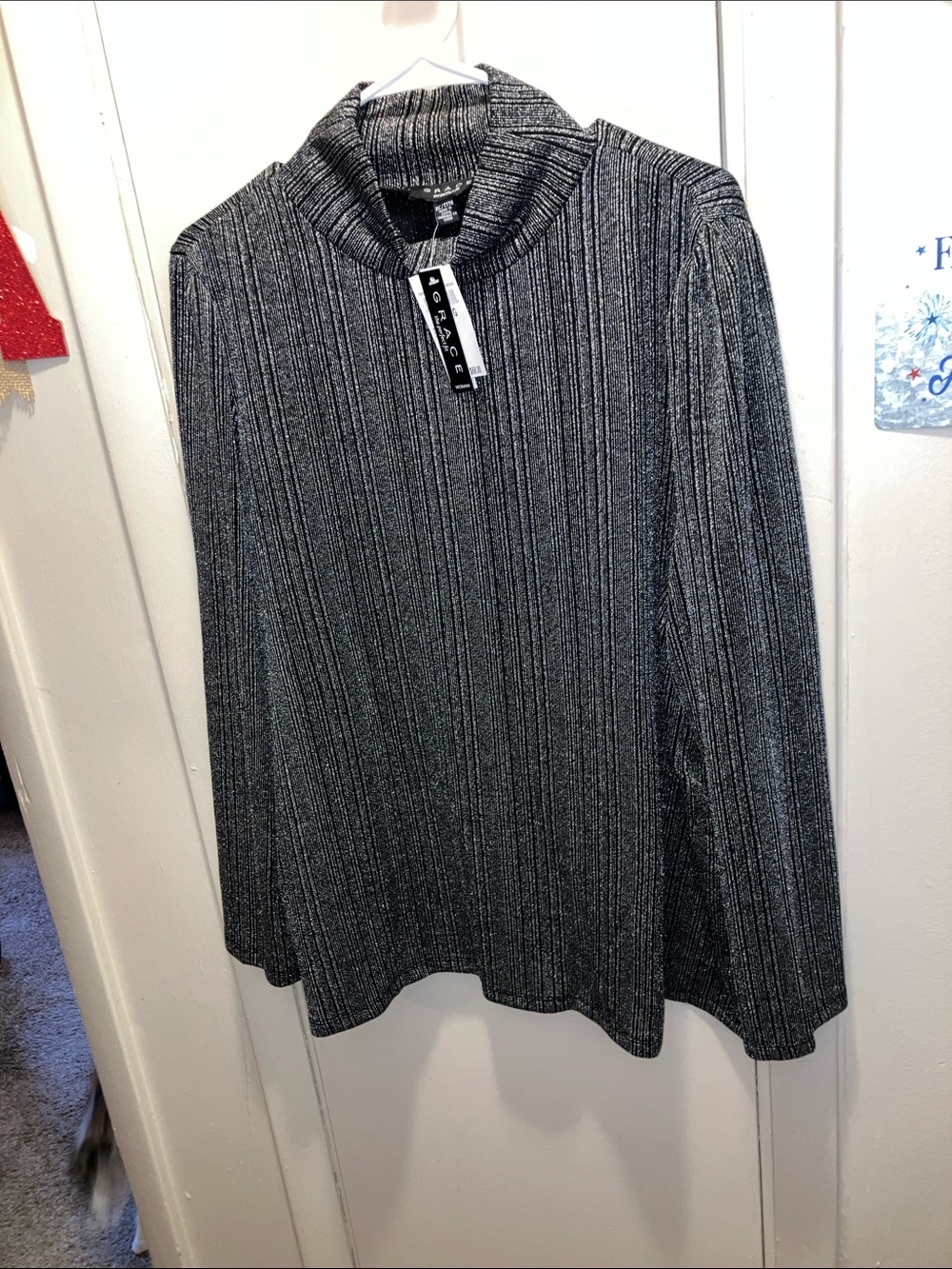 Grace Black Metallic Ribbed Mock Neck Top Size 3X New